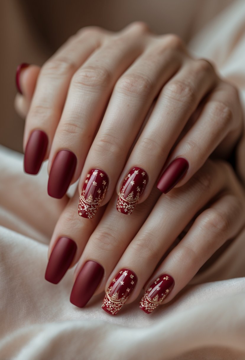 Close-up of hands with red matte and glossy Christmas-themed nails.