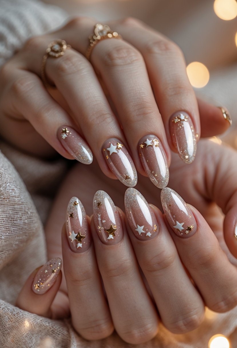 Close-up of hands with rose gold sparkling Christmas-themed nails against a neutral background.