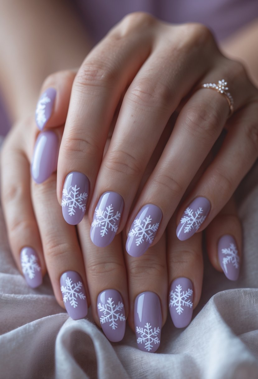 Close-up of hands showing nails painted soft lilac with white snowflake designs.