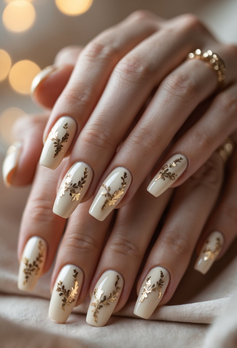 Close-up of hands with creamy beige nails decorated with gold foil accents.
