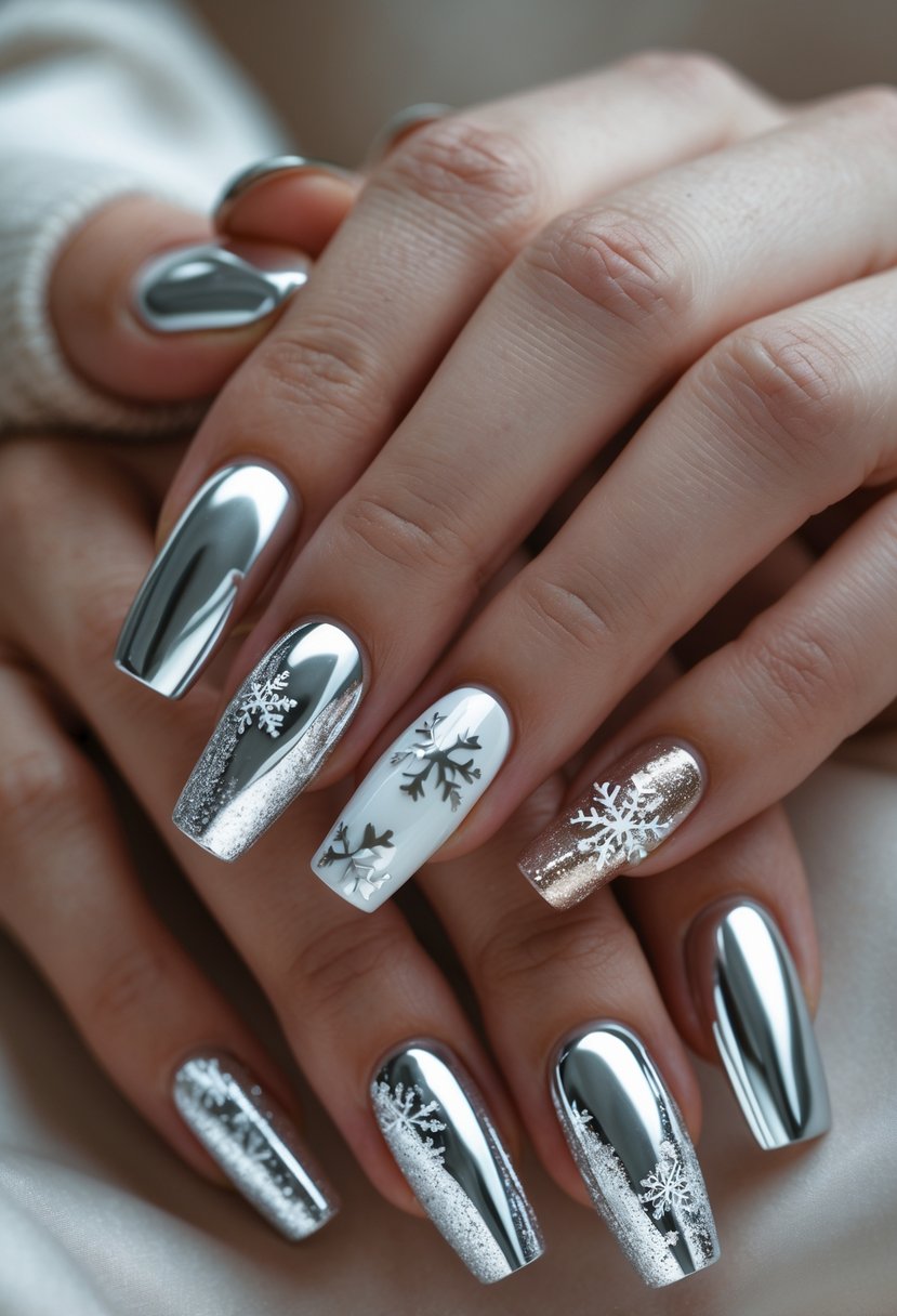 Close-up of hands with silver chrome nails featuring 21 classy Christmas-themed designs.