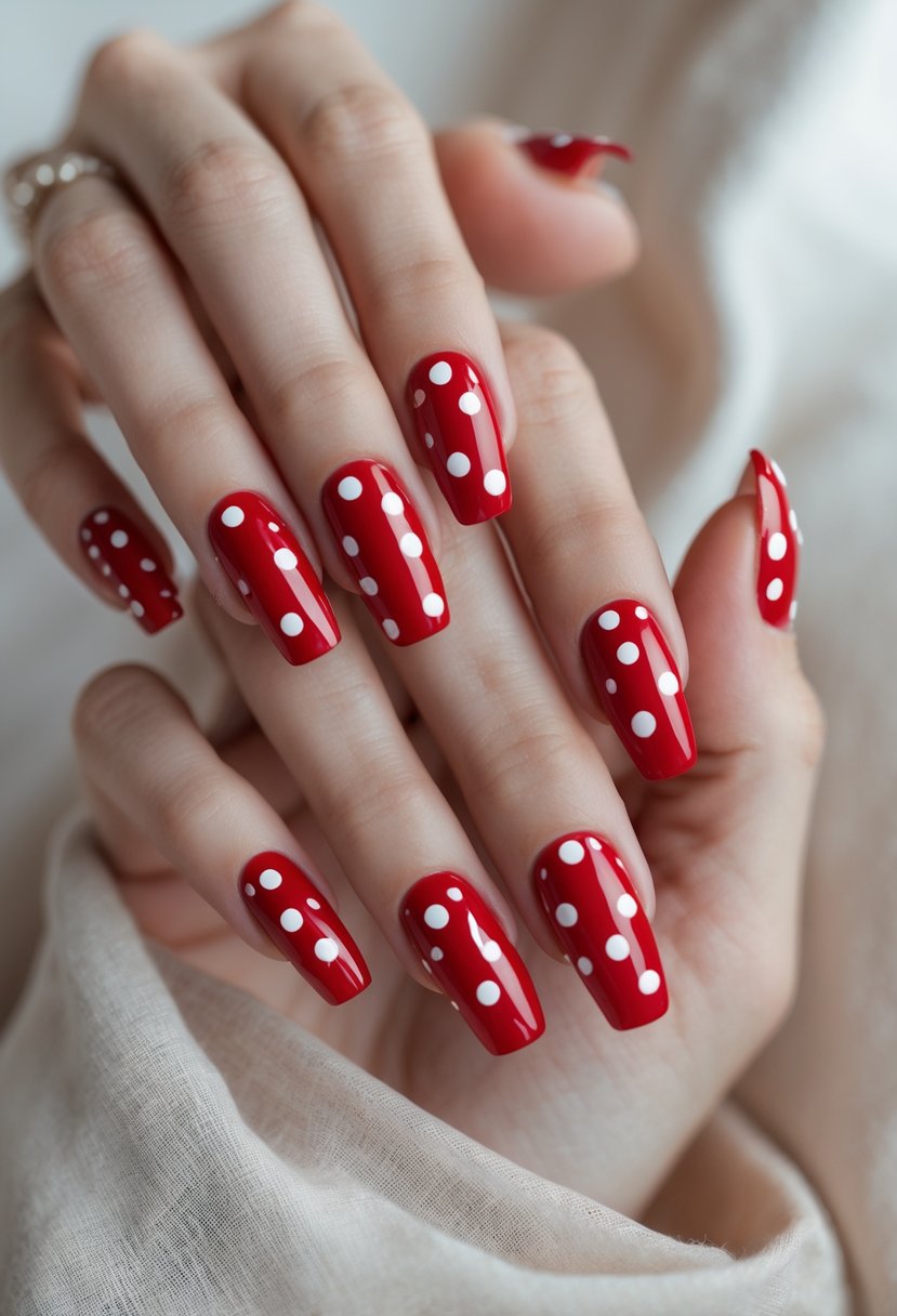 Close-up of hands with red nails decorated with white polka dots.