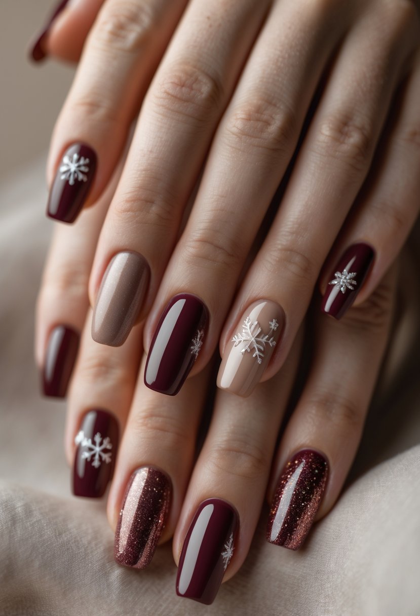 Close-up of hands showing nails painted in warm taupe and burgundy with festive accents.
