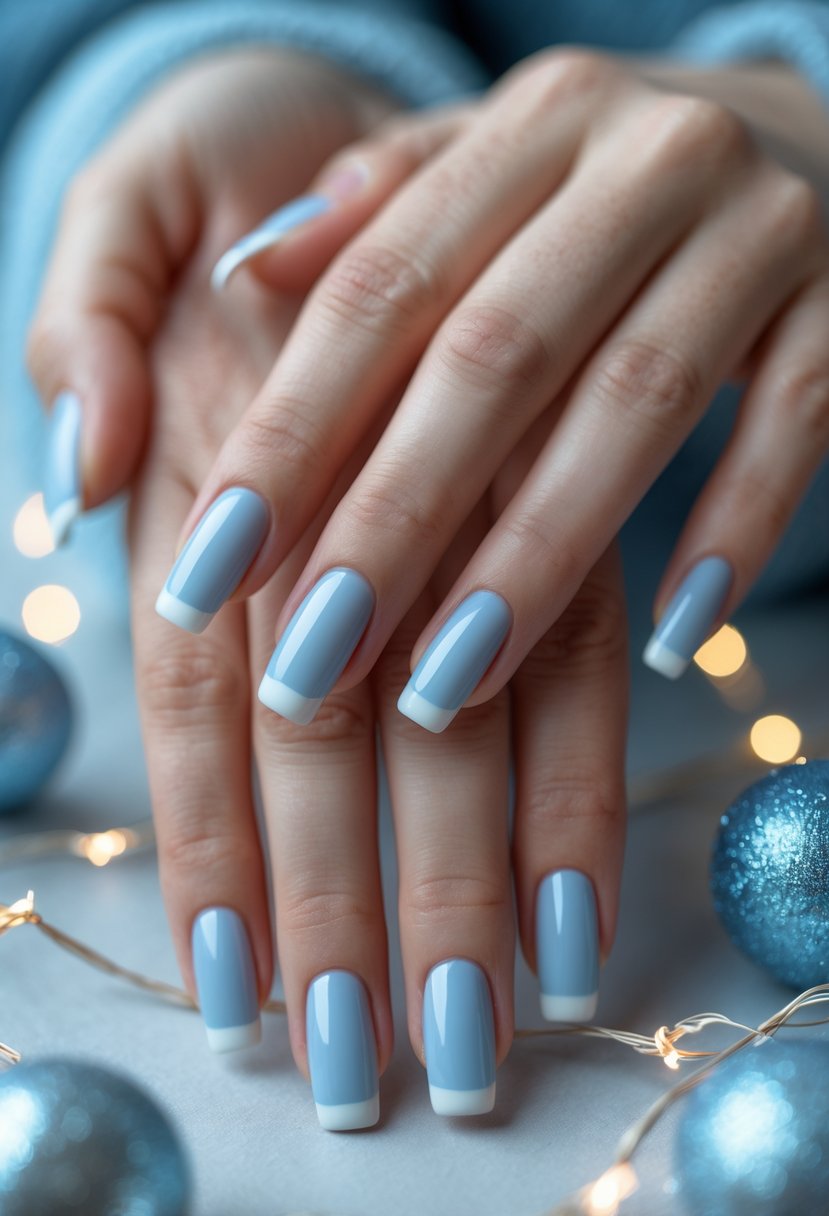 Close-up of hands with soft powder blue French tip nails, decorated for Christmas.
