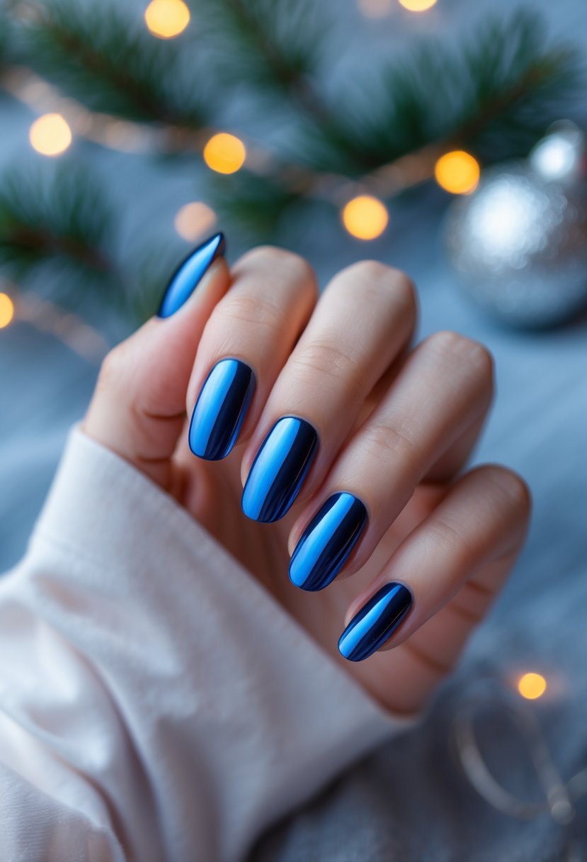 Close-up of a hand with 17 cobalt blue chrome finished nails against a soft background with blurred holiday decorations.