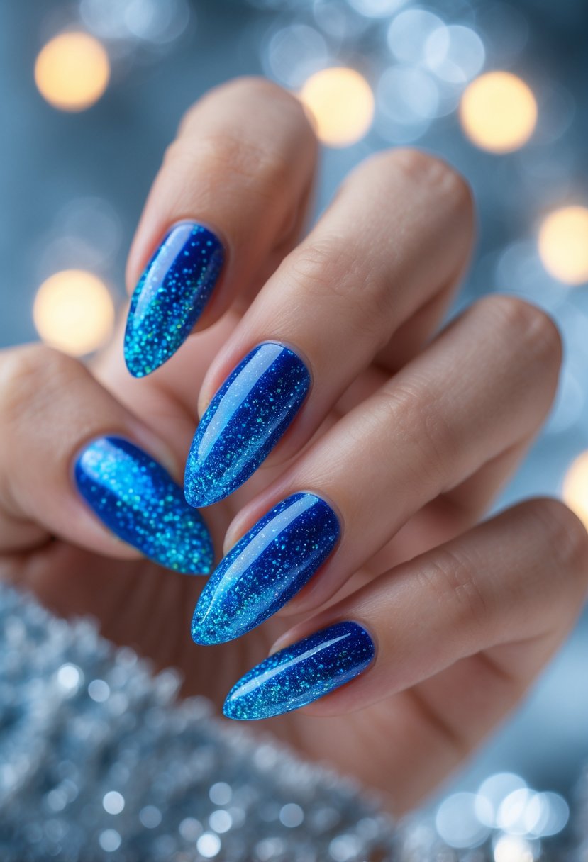 Close-up of a hand with electric blue nails fading into blue glitter, set against a softly blurred background with holiday lights.