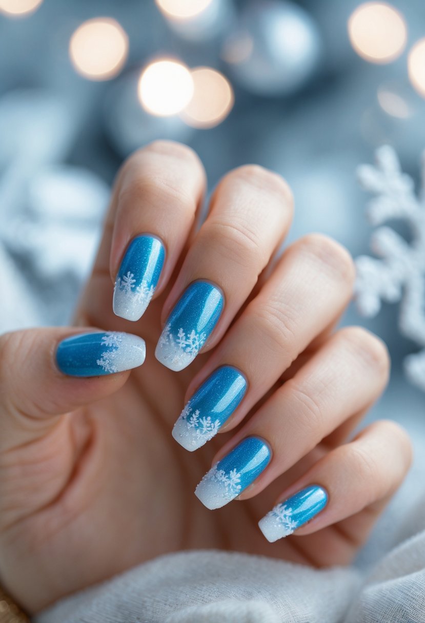 A close-up of a hand with 17 blue nails featuring frosted white tips.