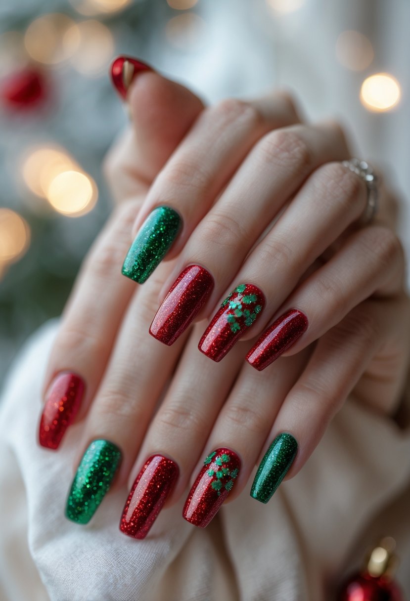 Close-up of hands with red and green glitter Christmas-themed nails.