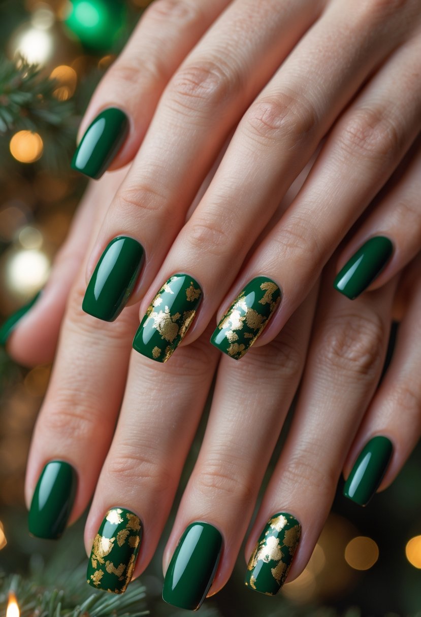 Close-up of hands with green nails featuring gold foil details on each nail.