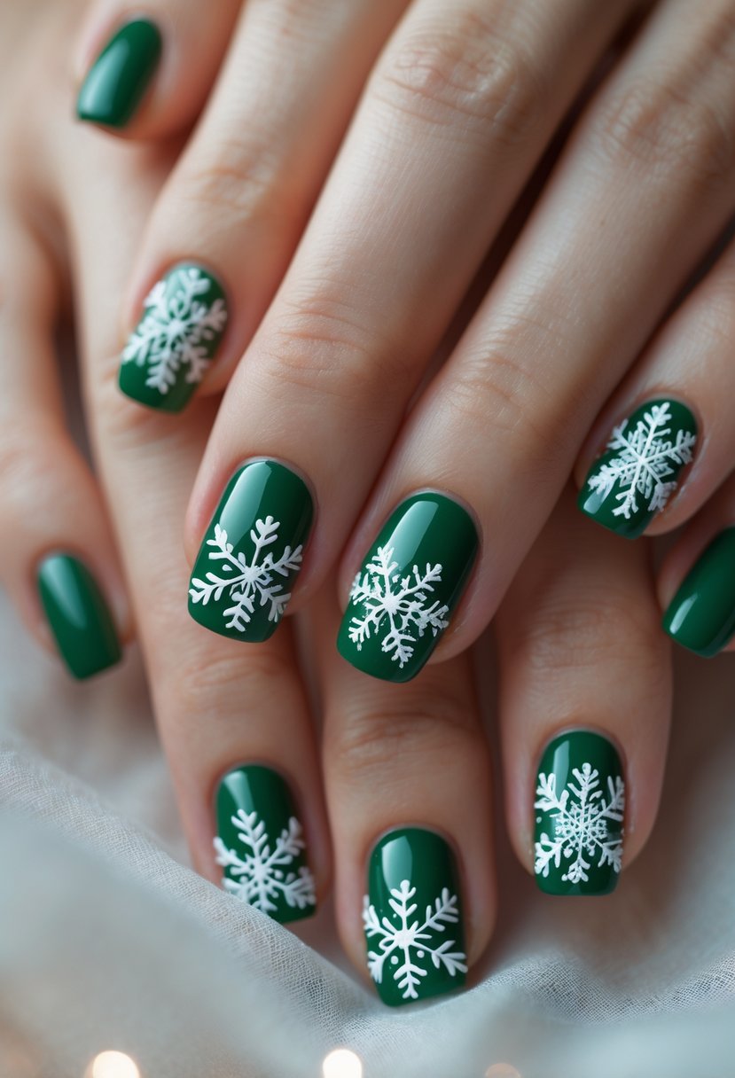 Close-up of a hand with green nails decorated with white snowflake designs.