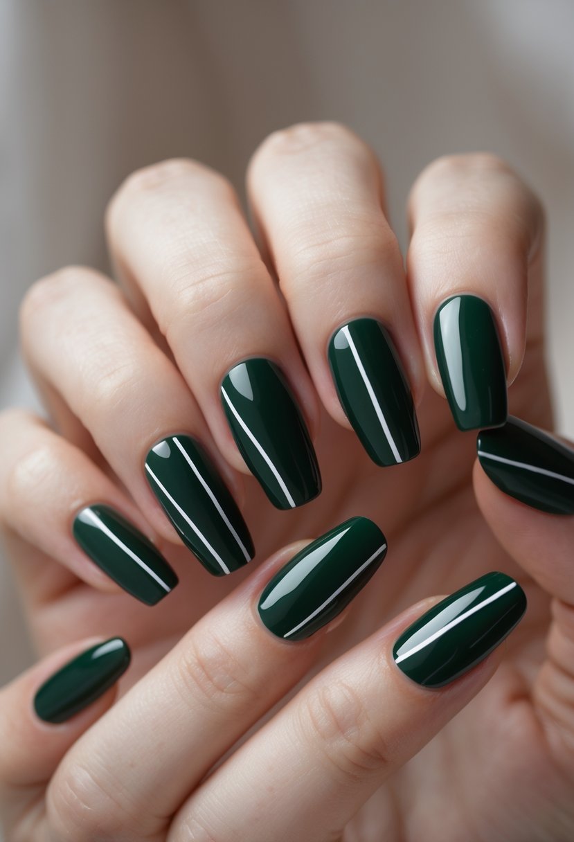 Close-up of a hand with dark green gel polished nails featuring simple white line designs.