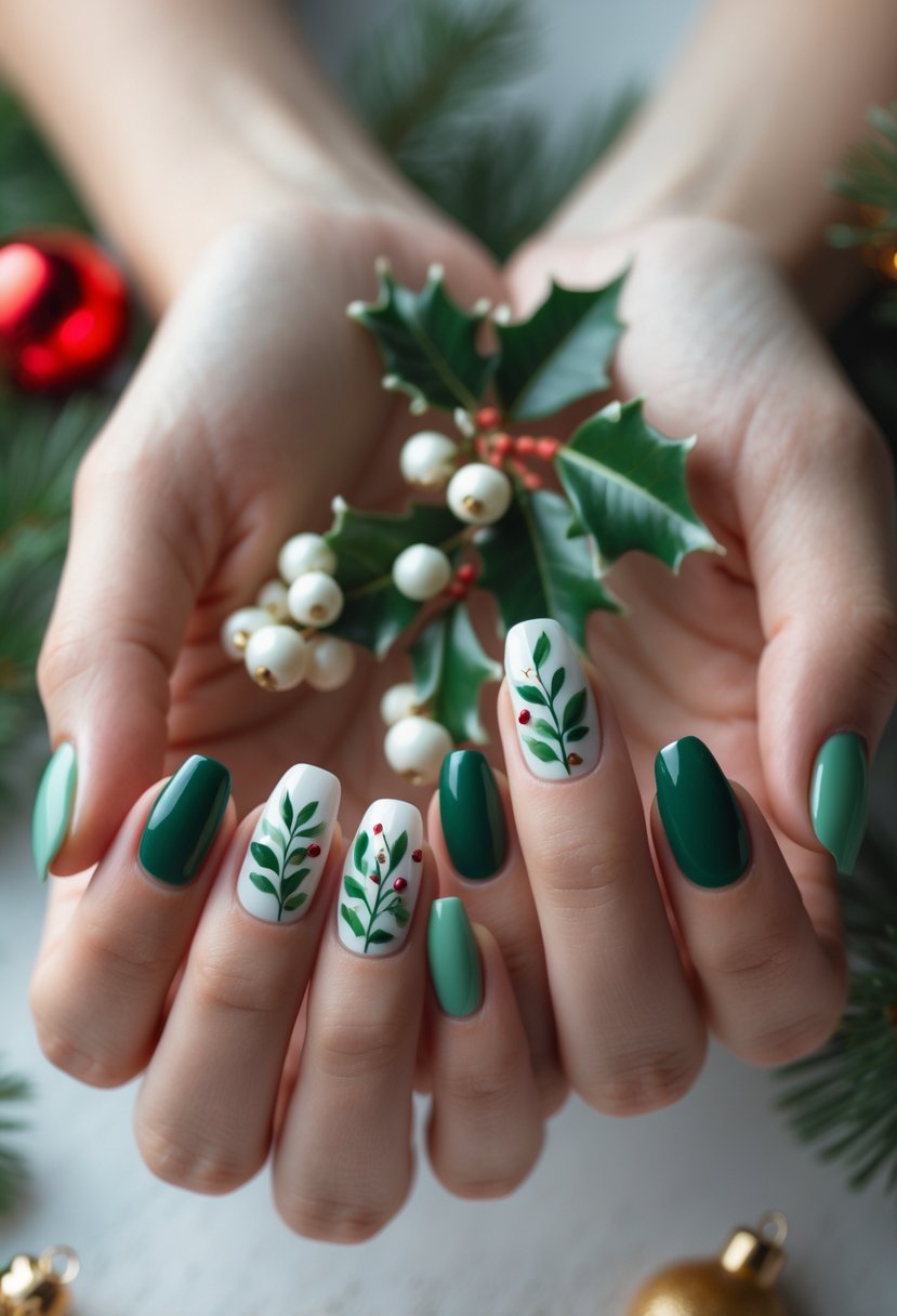 Close-up of hands with green Christmas-themed nails featuring mistletoe designs.