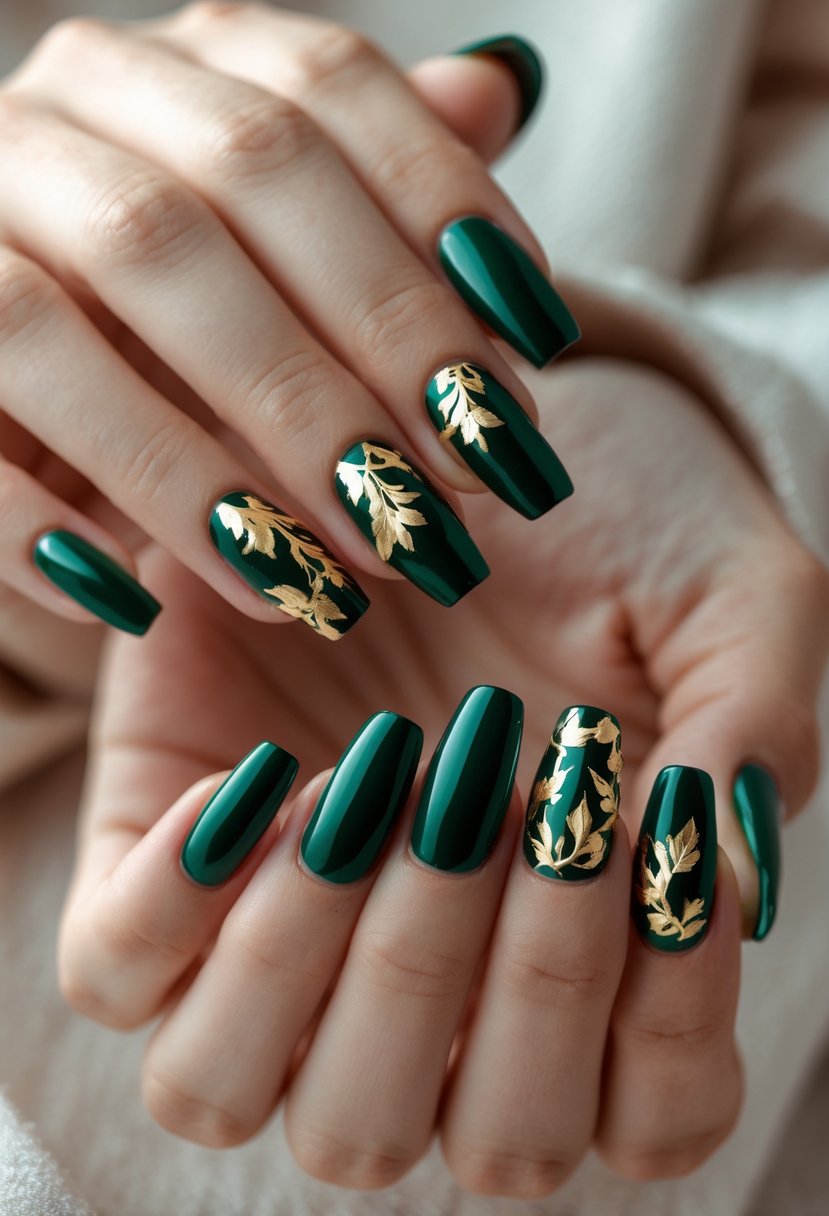 Close-up of two hands with eighteen deep green nails decorated with gold leaf highlights.