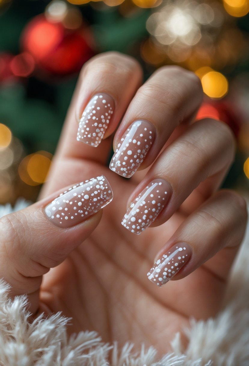 A hand with clear nails decorated with tiny white dots resembling snowflakes, set against a softly blurred festive background.