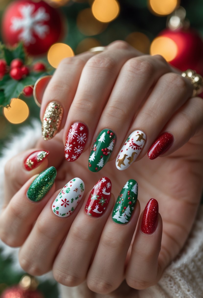 Close-up of hands displaying 21 different festive Christmas-themed nail designs with holiday colors and decorations.
