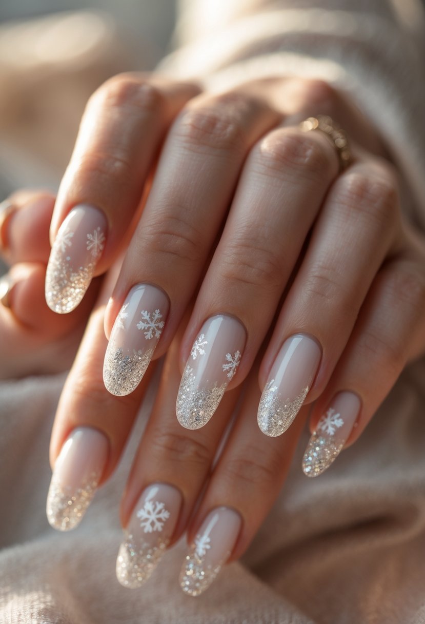Close-up of hands with white nails featuring glittery tips and snowflake designs.