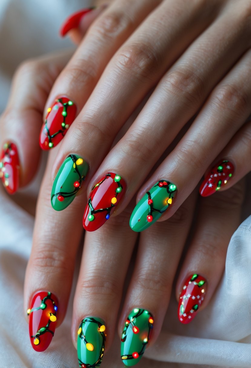 Close-up of hands showing 21 nails painted with colorful Christmas lights designs.