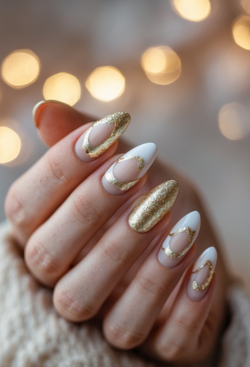 A close-up of a hand with white nails outlined in glitter, decorated for Christmas.