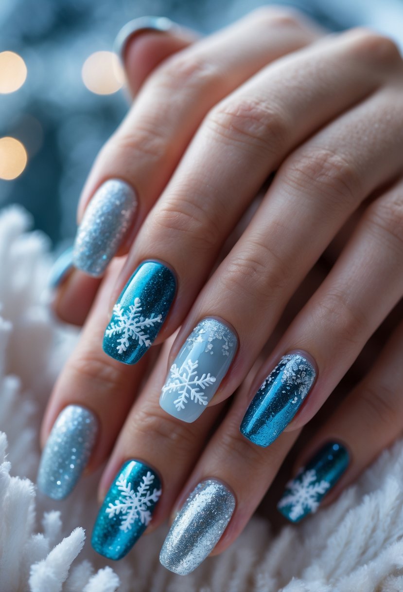 Close-up of hands with blue and silver winter-themed nails featuring snowflake designs.