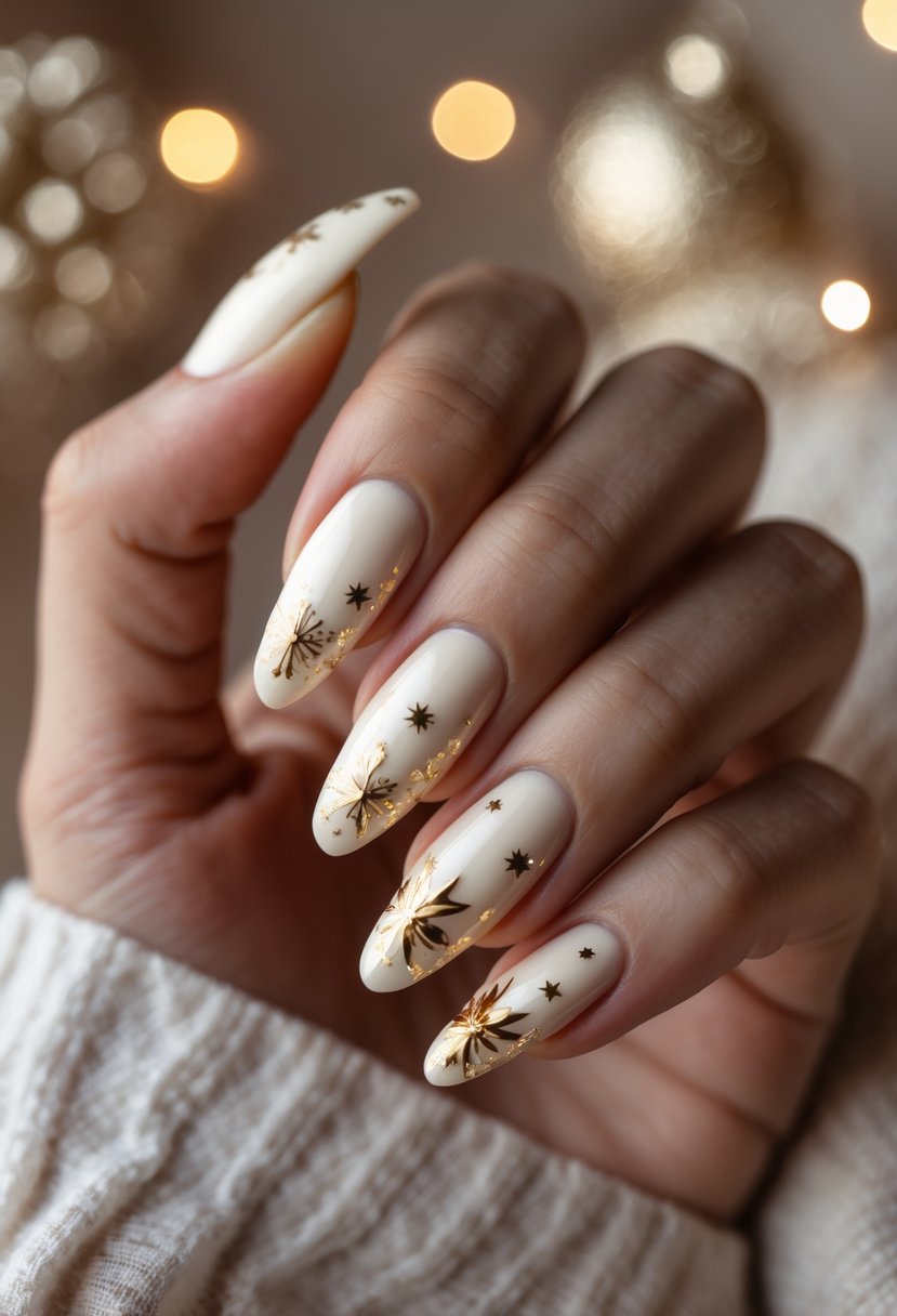 Close-up of a hand showing 21 festive Christmas nails painted ivory cream with gold foil accents.