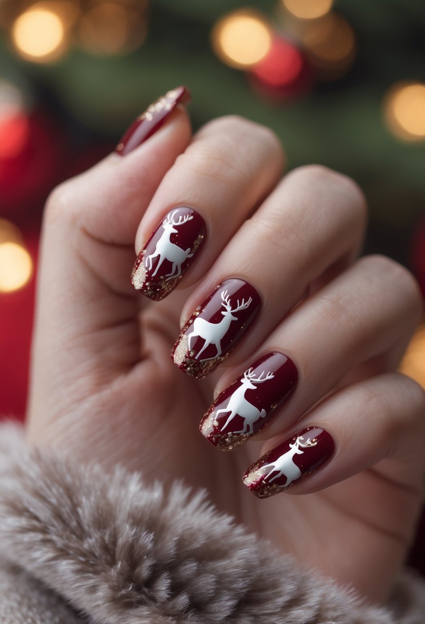 A close-up of a hand with red nails decorated with reindeer silhouettes and snowflake patterns.
