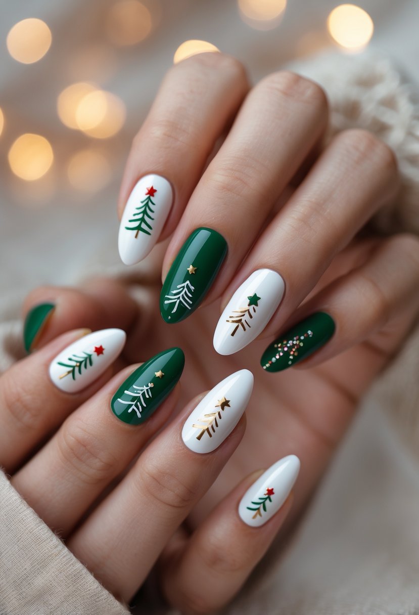 Close-up of hands with 21 nails painted with minimalist Christmas tree designs in festive colors.