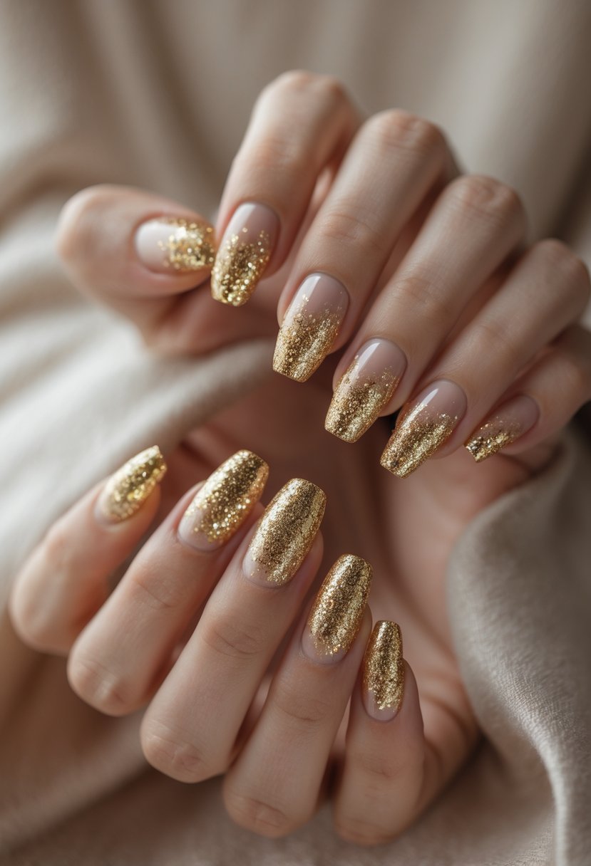Close-up of hands with gold glitter gradient nails against a neutral background.