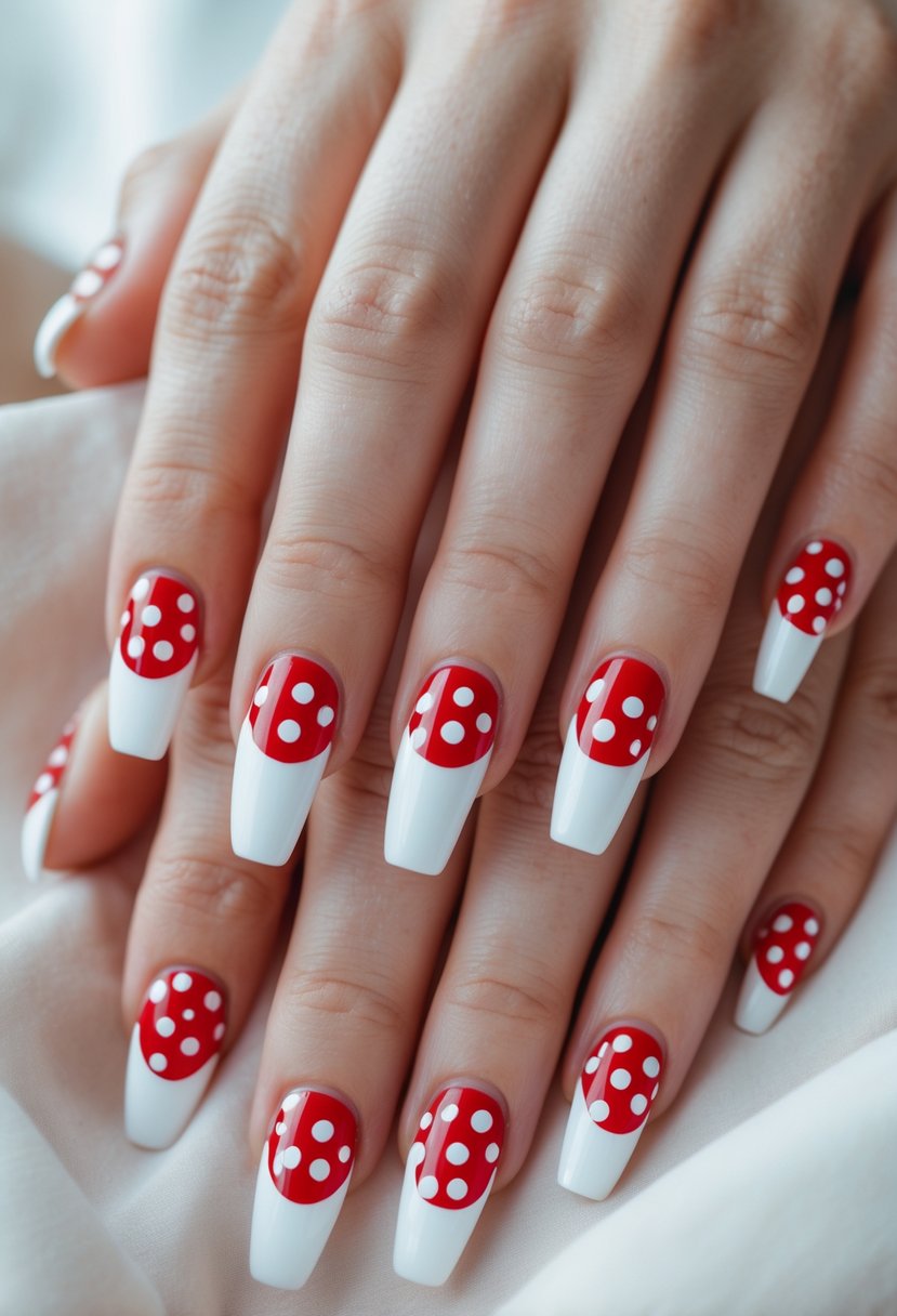 Close-up of hands with bright white nails featuring red polka dots.