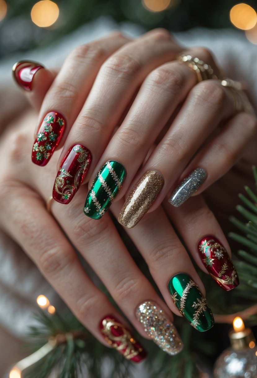 Close-up of hands with festive Christmas nails decorated like shiny holiday ornaments.