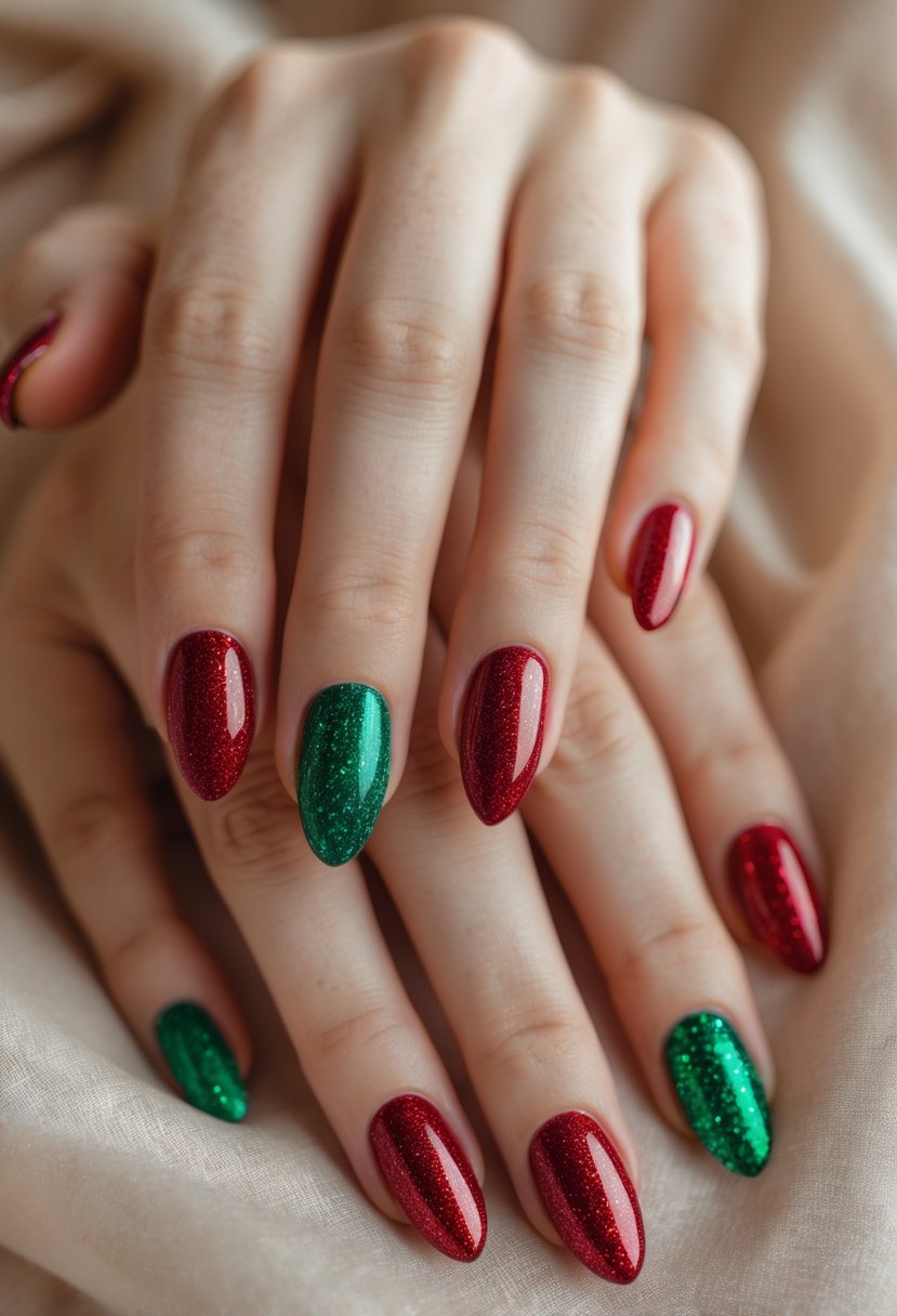 Close-up of hands with green and red glitter ombre nails.