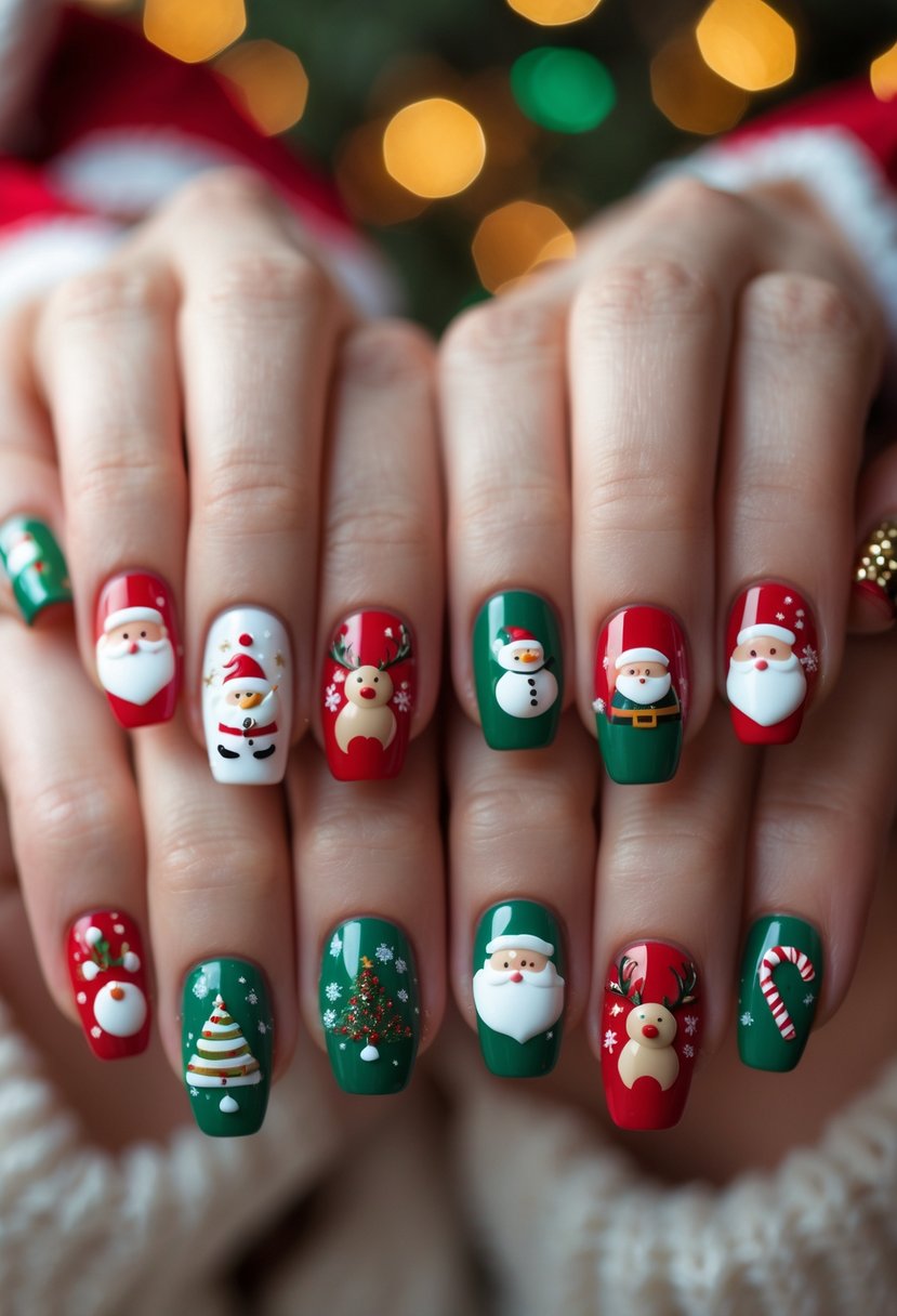 Close-up of hands with 21 nails decorated in colorful Christmas movie character designs, including Santa, reindeer, and snowmen.
