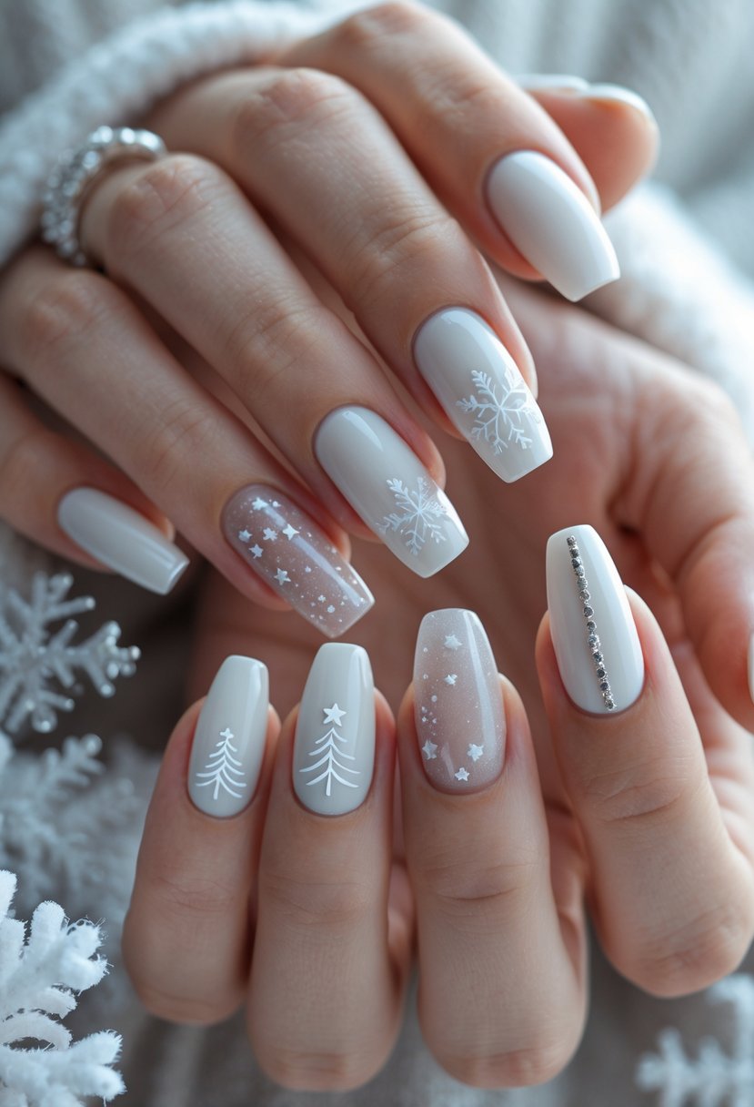 Close-up of hands with white Christmas-themed manicured nails against a soft wintery background.