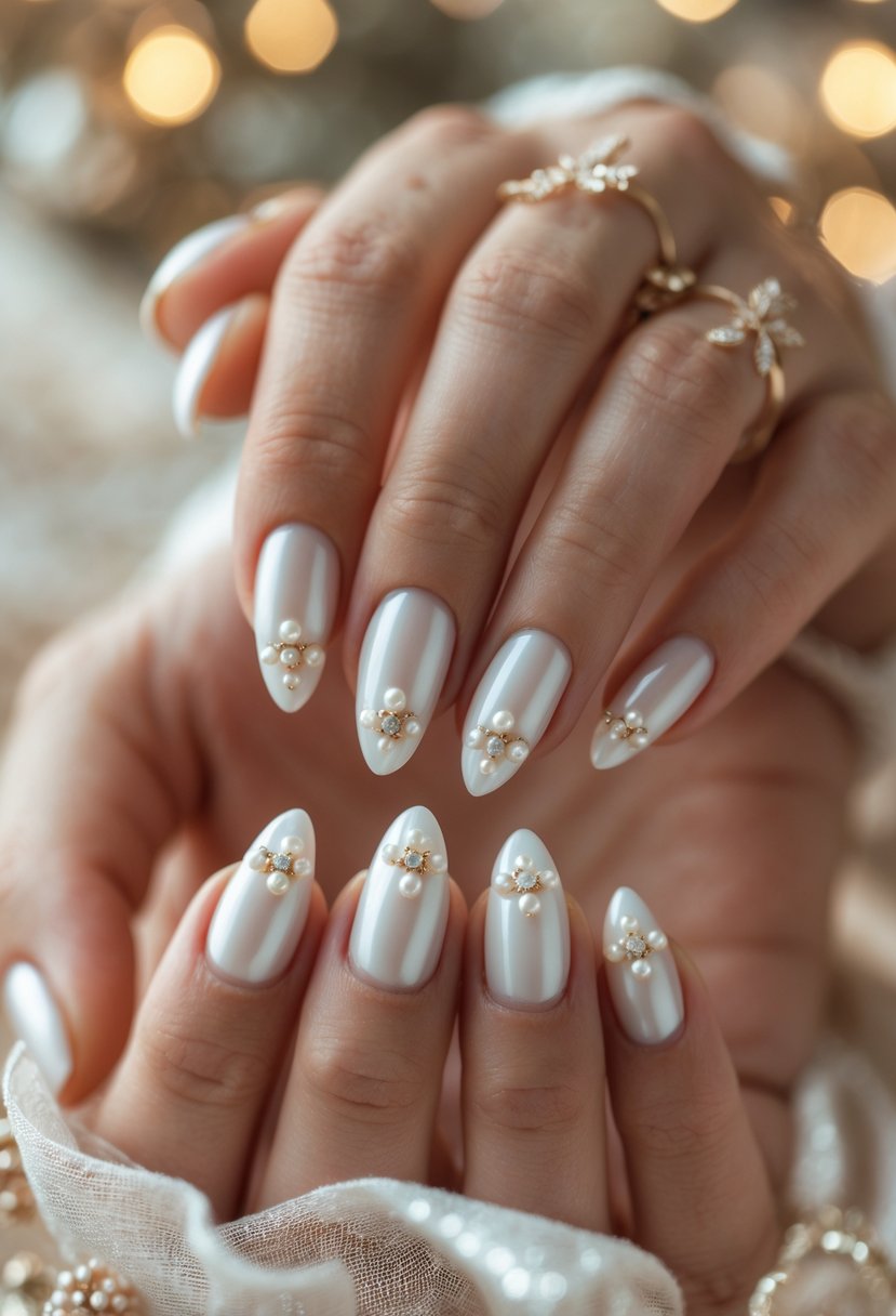 Close-up of hands with white nails decorated with pearls and subtle Christmas-themed designs.