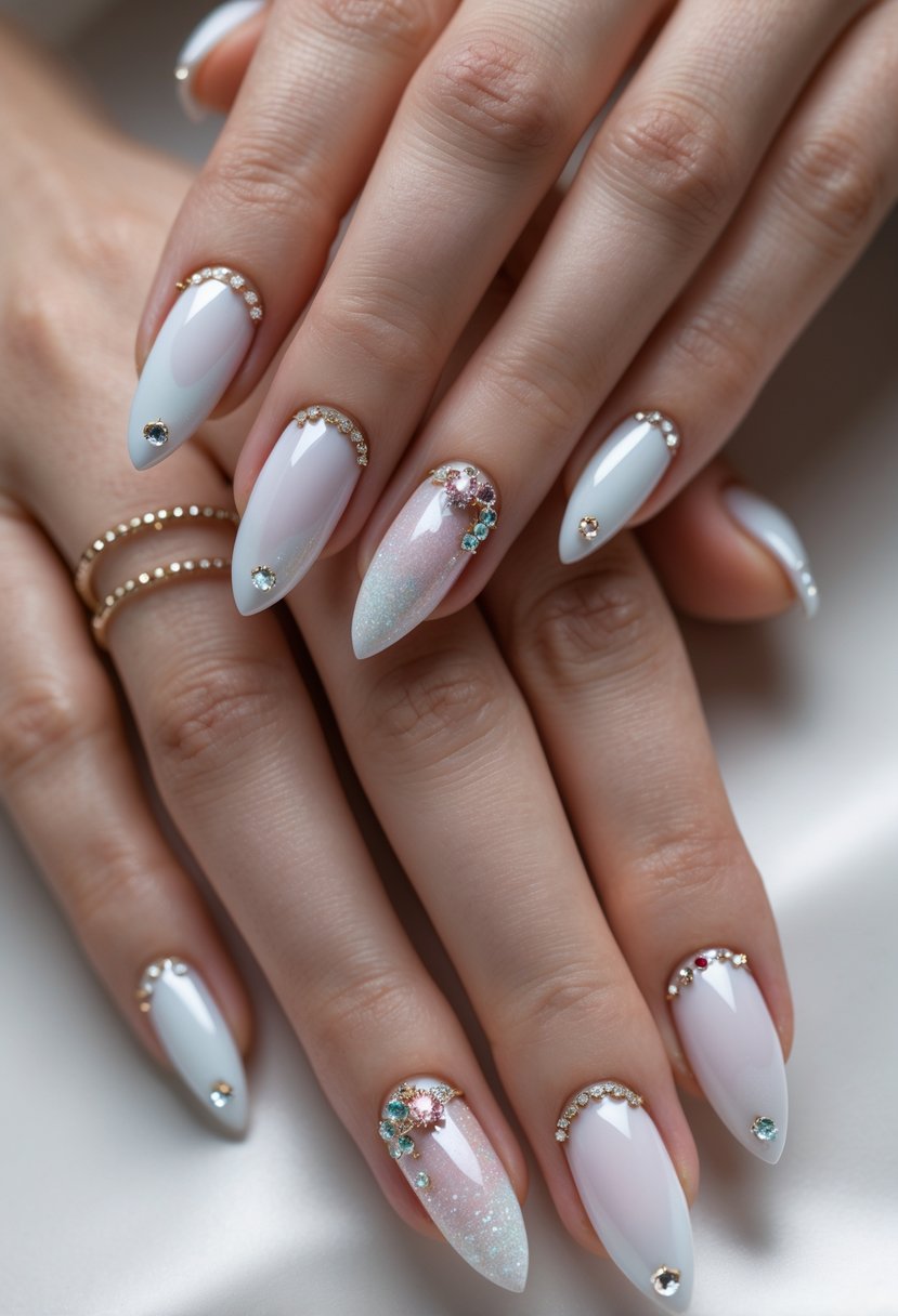 Close-up of hands with white ombre nails decorated with rhinestones.