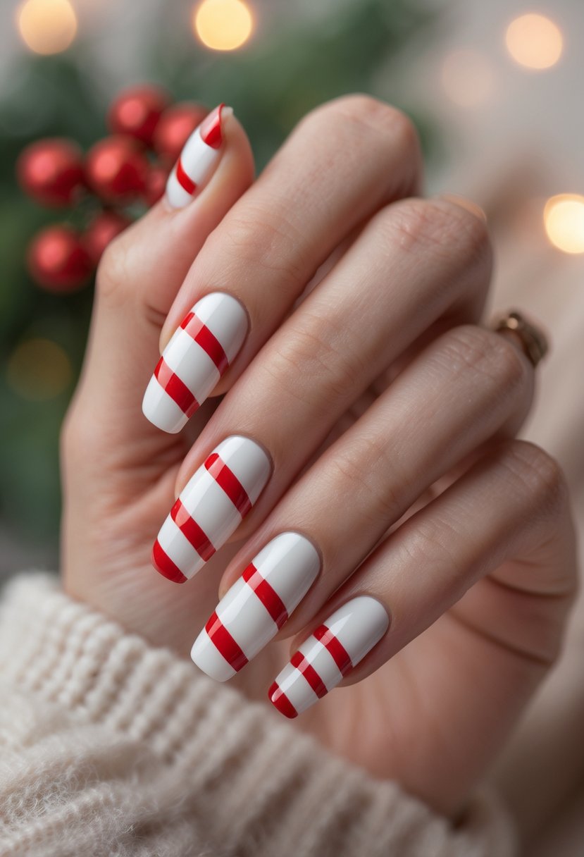 Close-up of hands with white nails decorated with red candy cane stripes, held against a blurred holiday background.