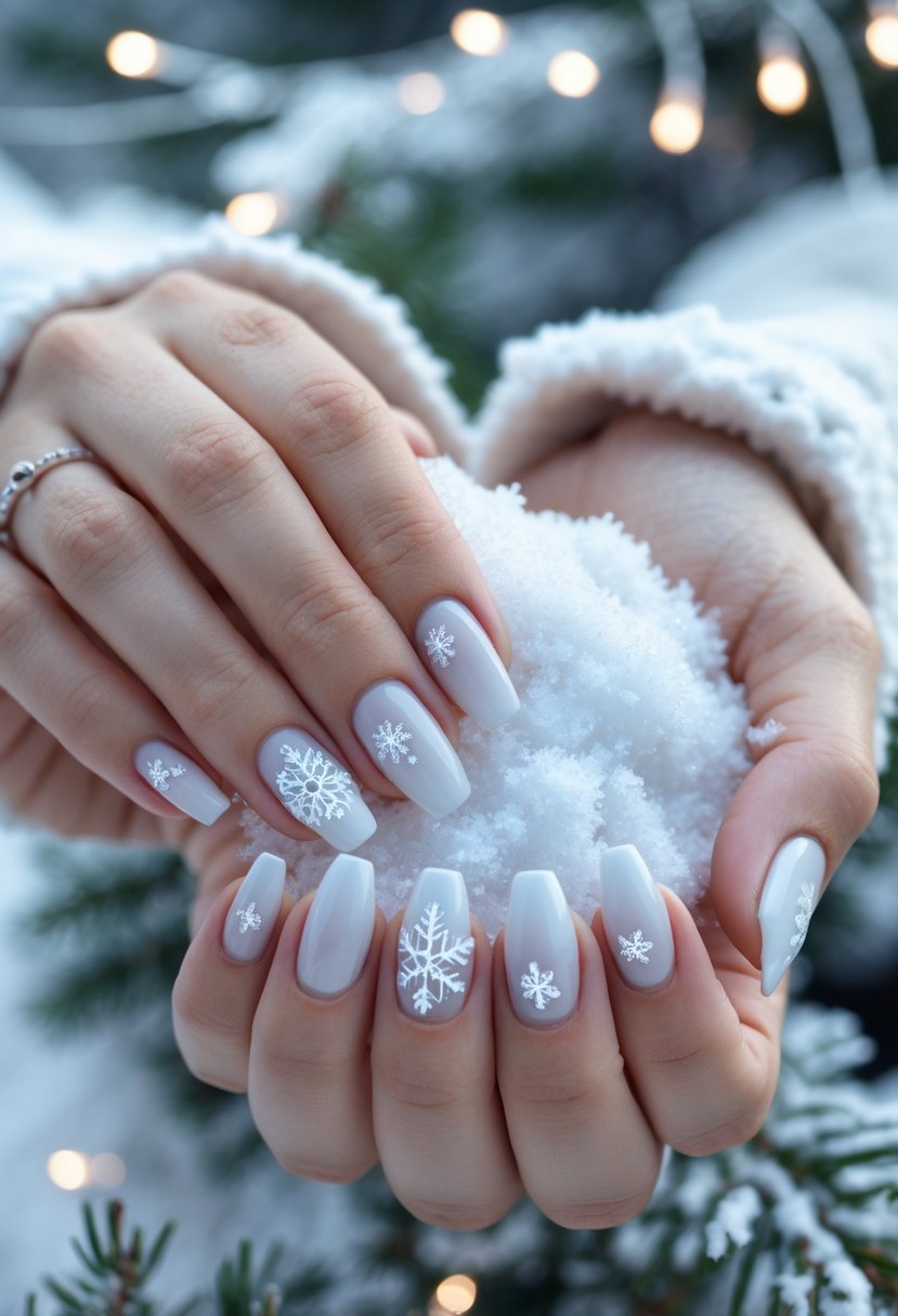 Close-up of hands with white nails holding fresh snow, with snow-covered pine branches in the background.