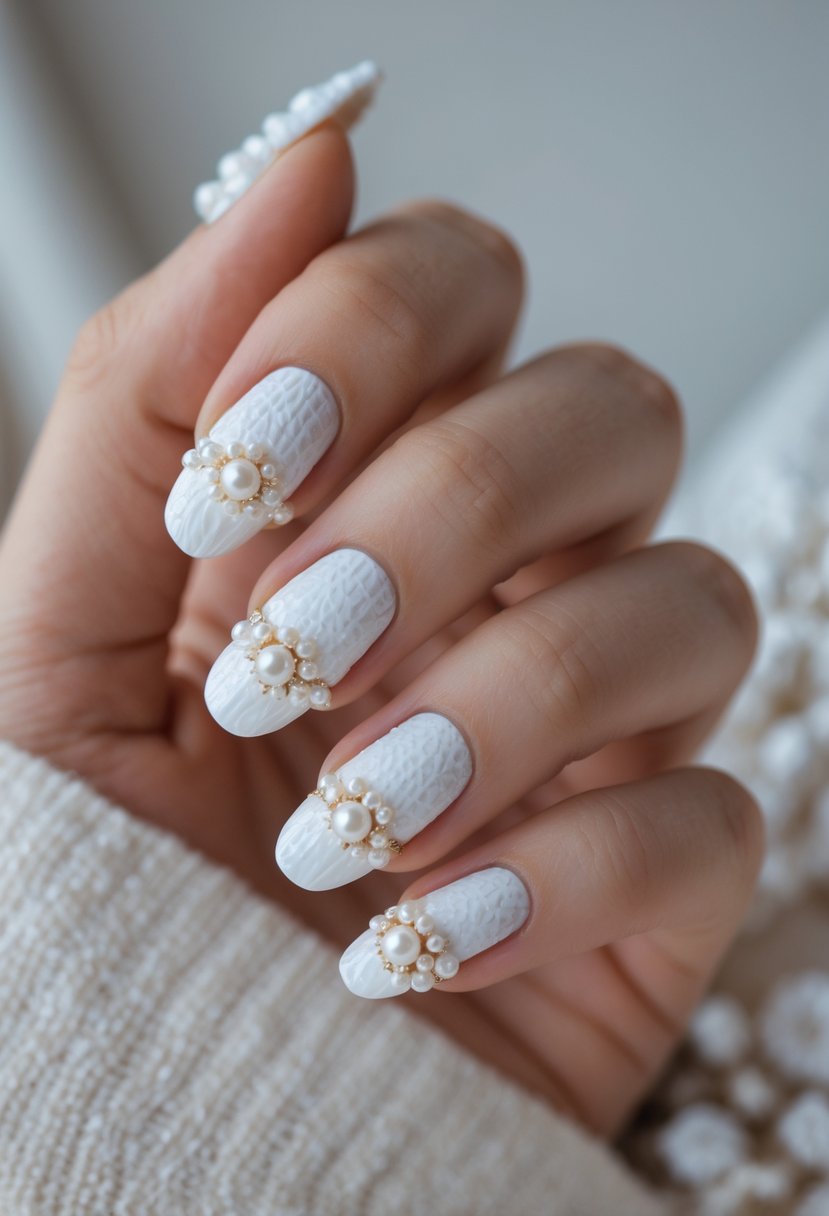 Close-up of a hand with white textured nails decorated with small pearls.