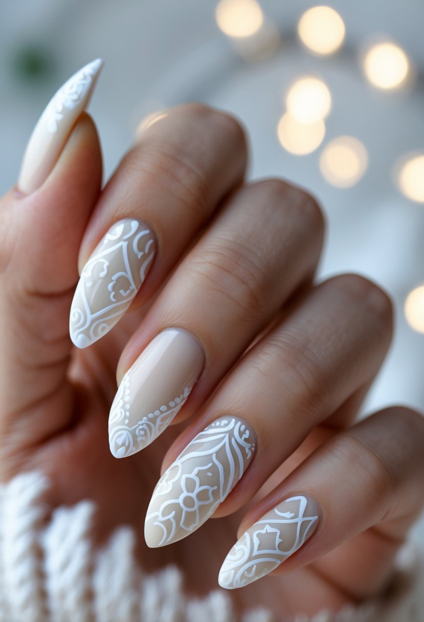 Close-up of a hand with white Moroccan patterned nails against a softly blurred winter-themed background.