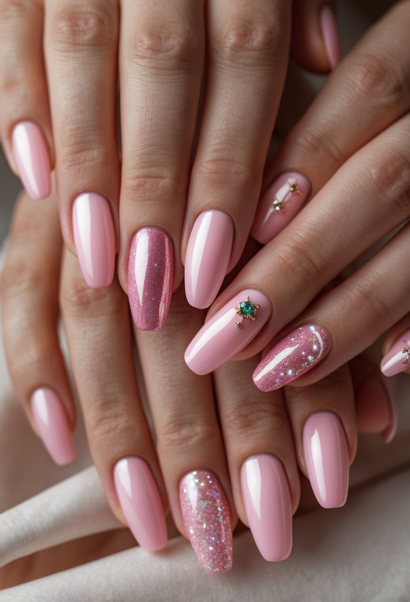 Close-up of hands showing 17 pink-painted nails with festive decorations.