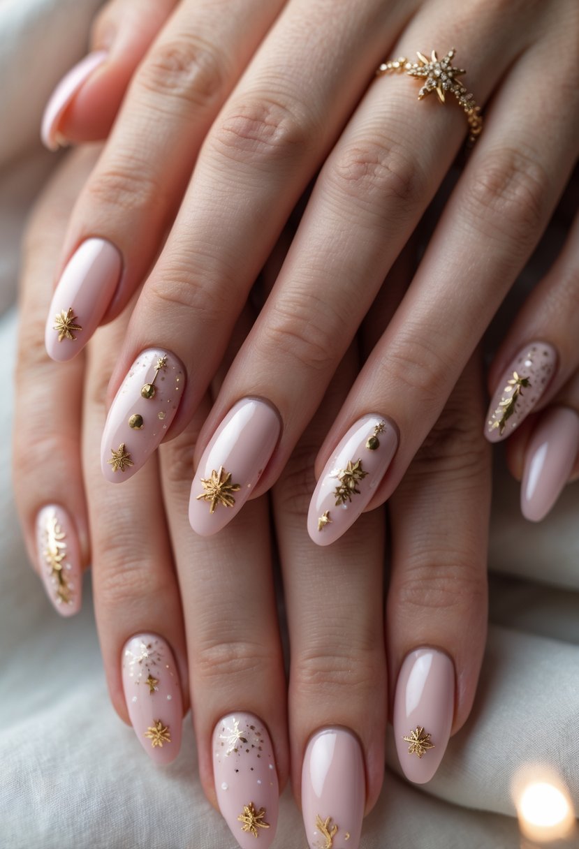 Close-up of hands with seventeen blush pink nails decorated with gold Christmas accents.
