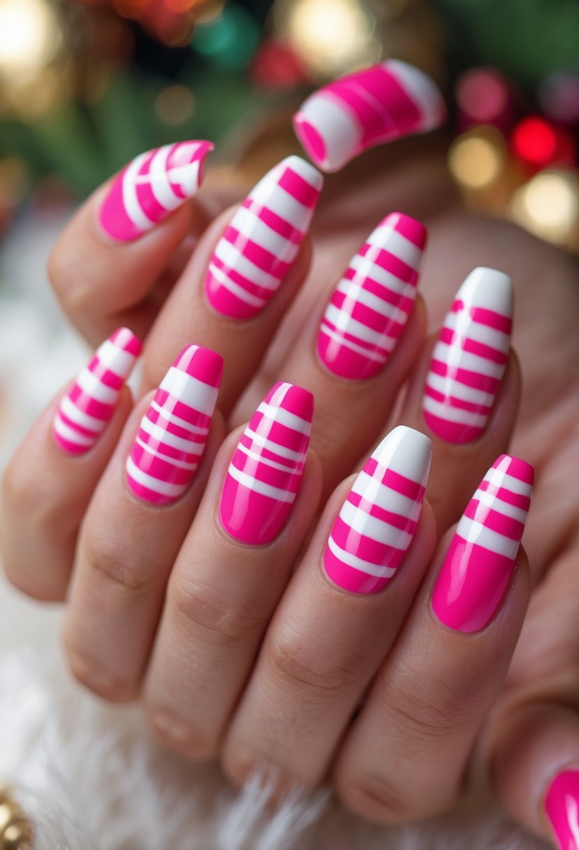 A close-up of a hand with 17 long nails painted with hot pink and white candy cane stripes.