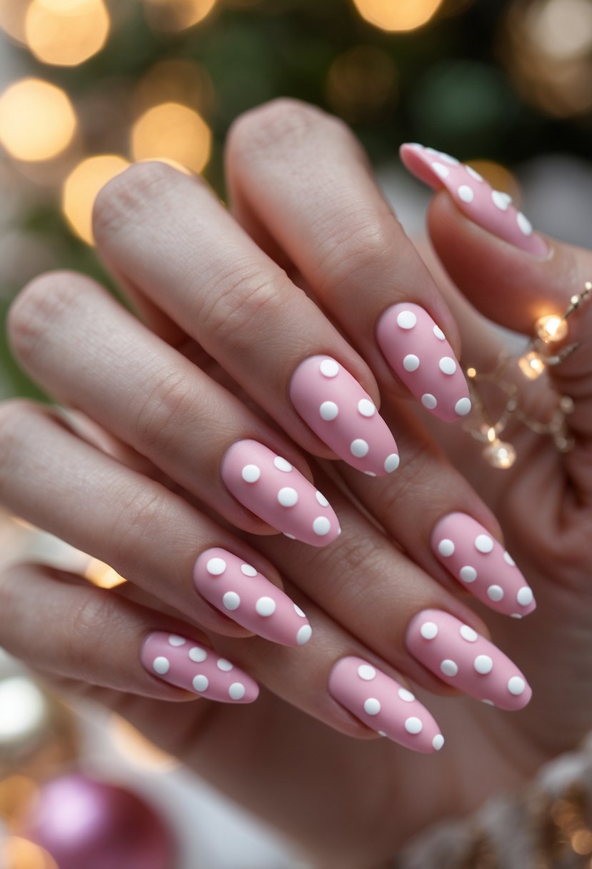 Close-up of a hand with pink nails decorated with white polka dots.
