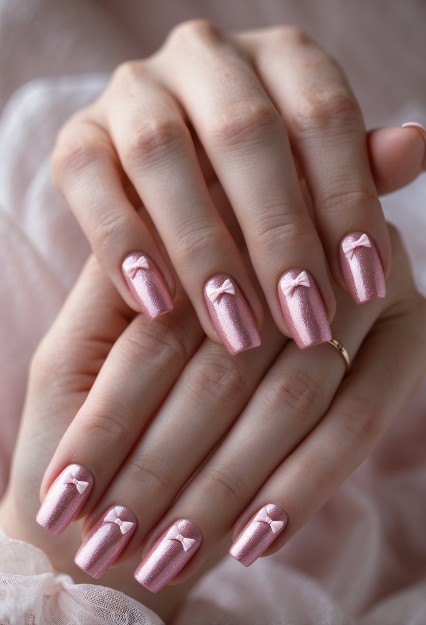 Close-up of hands with rose pink nails decorated with tiny bows.