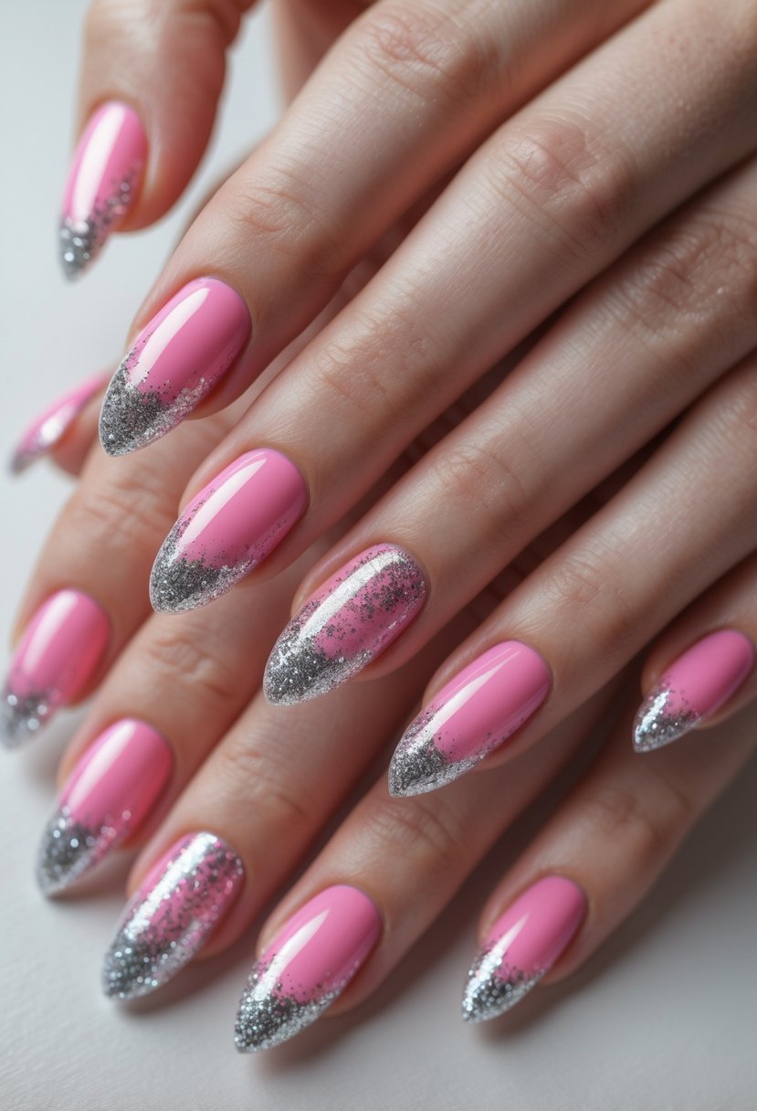 Seventeen hands with pink nails and silver glitter tips arranged together against a plain background.