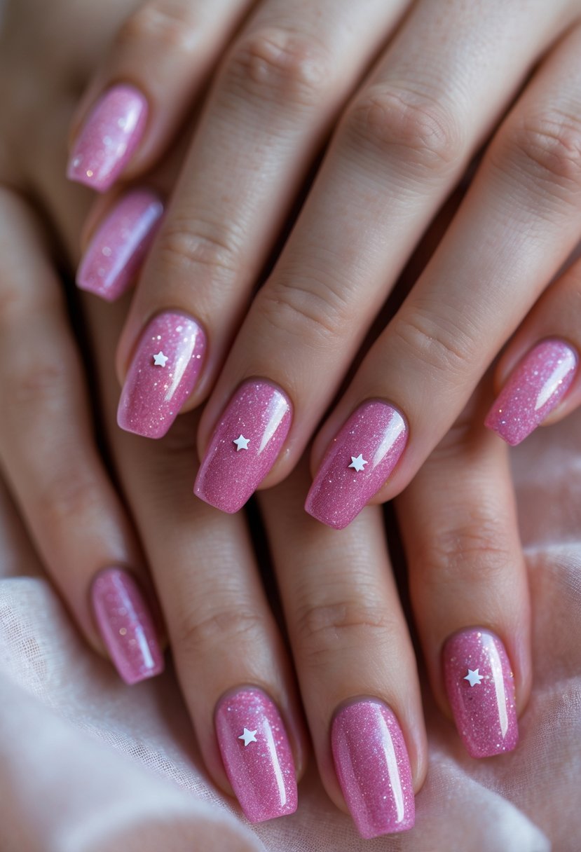 Close-up of hands with pink glitter nails decorated with tiny star accents.
