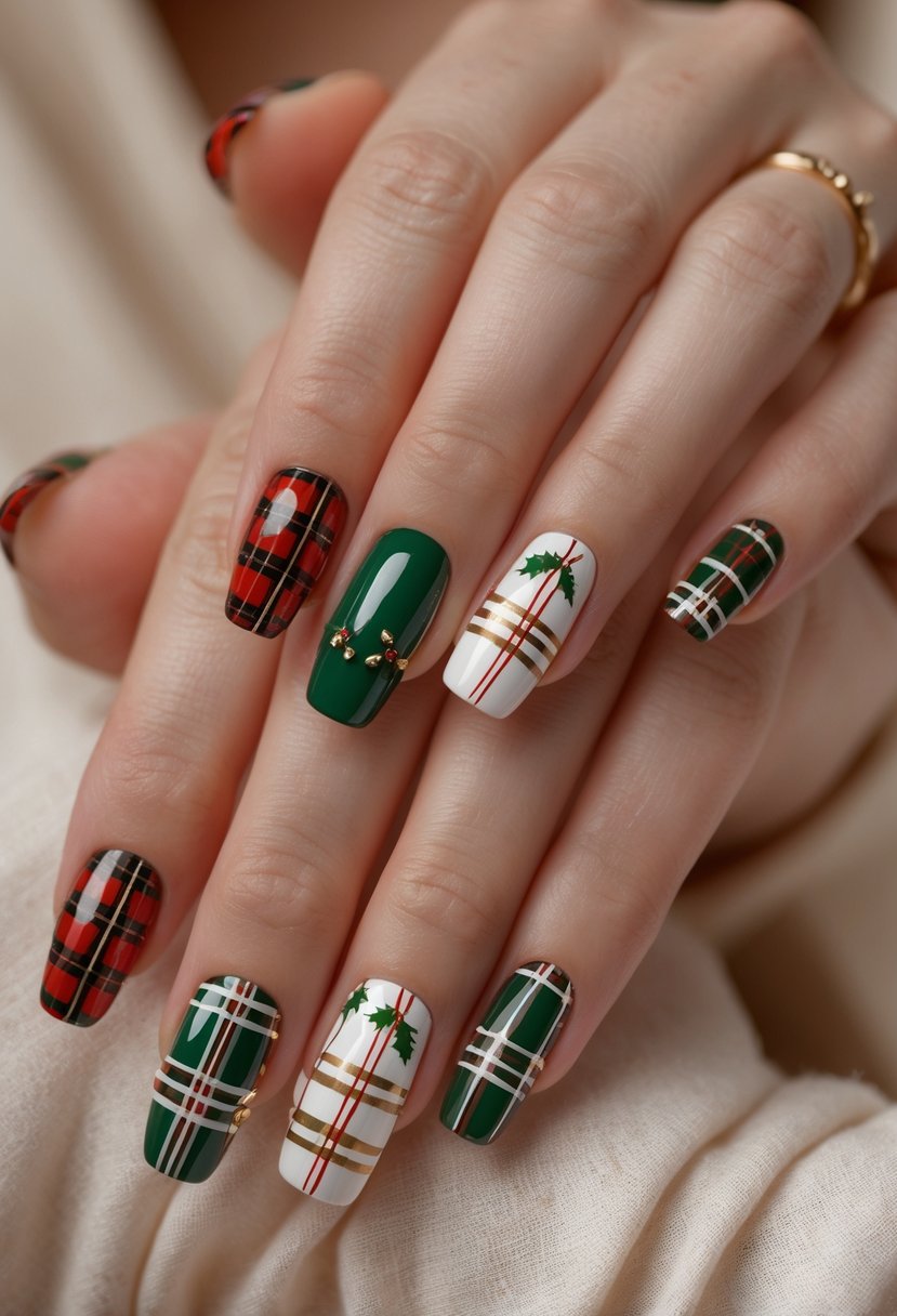 Close-up of hands showing nails painted with Christmas-themed plaid patterns.