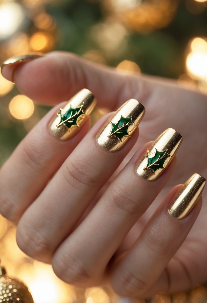A close-up of a hand with 23 nails painted with metallic gold holly leaf designs.
