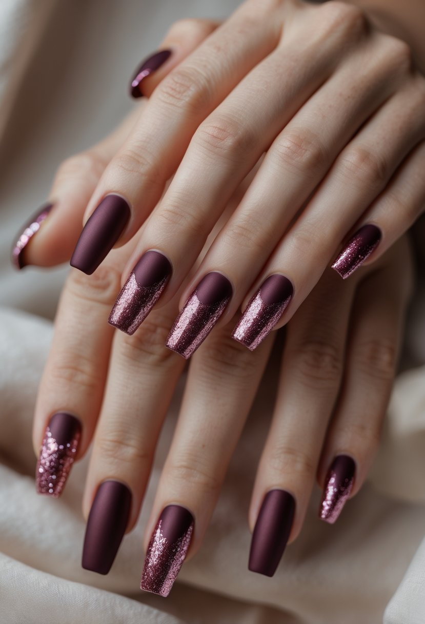 Close-up of hands with burgundy nails featuring shiny tips.