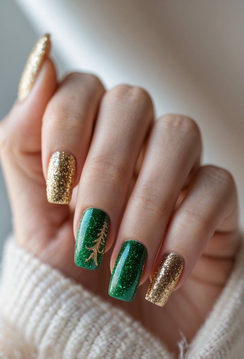 Close-up of a hand with square-shaped nails painted in green and gold glitter.