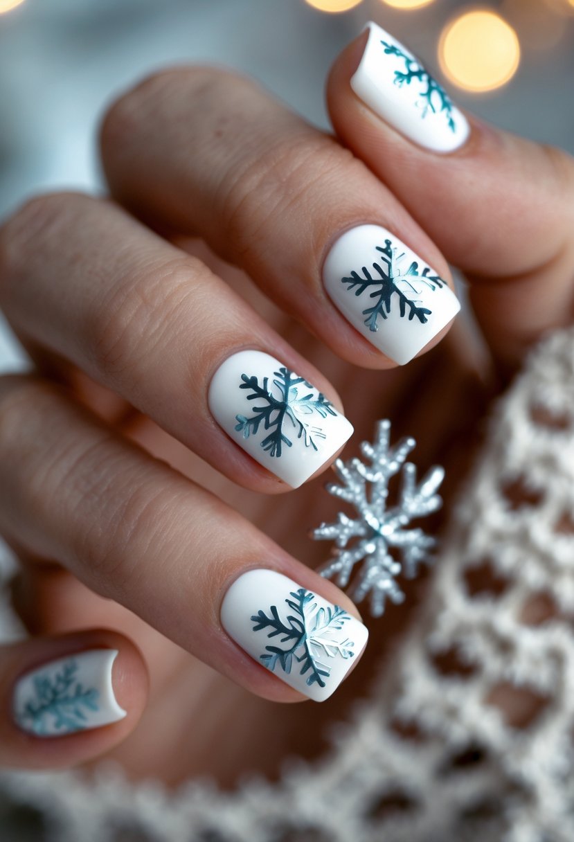 Close-up of a hand with square-shaped white nails decorated with snowflake designs.